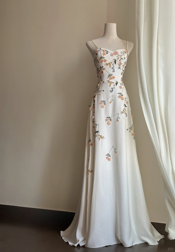 Elegant Floral A Line Spaghetti Strap White Satin Long Prom Dress Formal Dress 16th Birthday Dress HZ1023